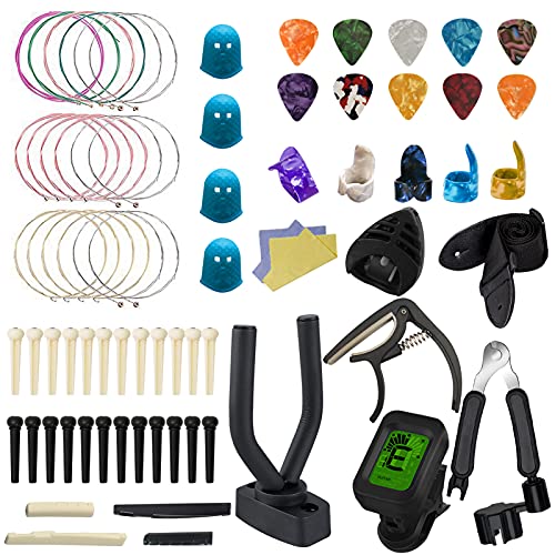 Karbart Guitar Accessories Kit, 78 Pcs with Guitar Wall Mount,Guitar Tuner,Guitar Strap,Guitar Capo,3 Set Guitar Strings,10 Guitar Picks,3 in 1 String Winder,Guitar Bridge Pins Saddle and Nuts etc.