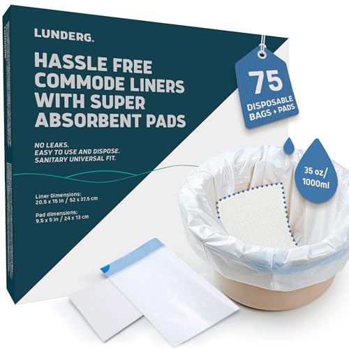 Lunderg Commode Liners with Absorbent Pads - 75 Count