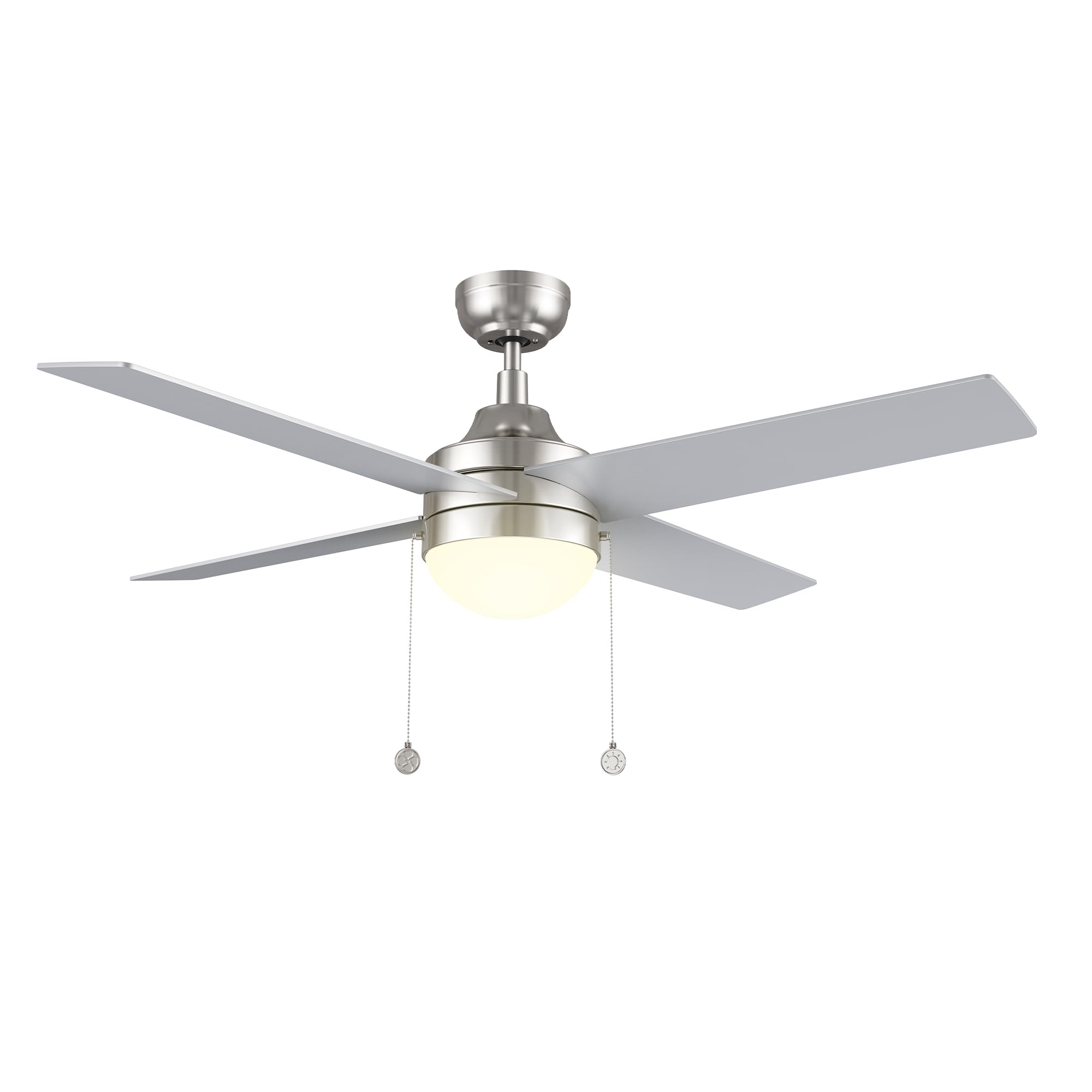 52 Inch Silver Pull Chain Ceiling Fan with Reversible DC Motor, 3-color LED Light Adjustable, 5 Speeds Quiet Reversible DC Motor, 4 Plywood Blades