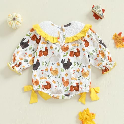 Newborn Baby Girl Farm Clothes Chicken Print Onesie Smocked Bubble Romper Long Sleeve Bodysuit Country Fall Outfit4