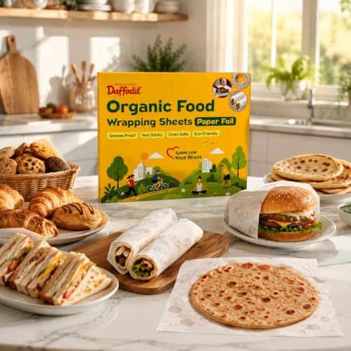Image of DAFFODIL Organic Food Wrapping Paper Sheets Set of 100 | 25 x 30 CM Pre-Cut Food Safe Butter Paper | Grease Resistant, Non-Stick Food Wrap for Roti, Sandwich, Burger, Paratha, Snacks & Lunch Packing