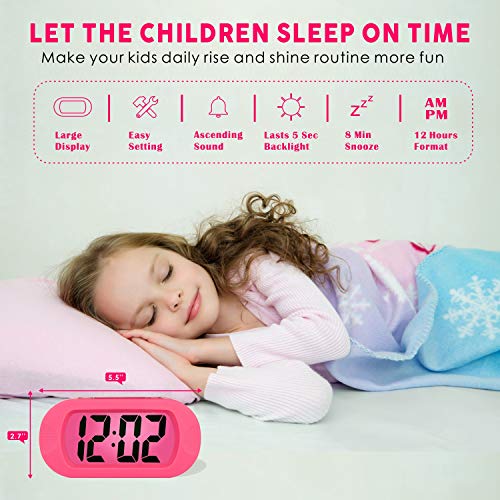 Image of Plumeet Kids Alarm Clock Large Digital LCD Travel Alarm Clocks with Snooze and Night Light - Ascending Sound and Handheld Sized - Best Gift for Kids (Pink)