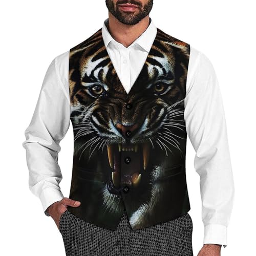 Close Up of Wild Tiger Men's Suit Vest Slim Fit V-Ncek Waistcoat Business Casual Vest