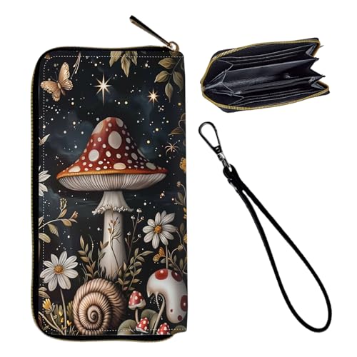 Wristlet Wallet for Women Teen Girls Womens Wallet RFID Blocking Credit Card Holder with Removable Wristlet,Leather Phone Wallet Clutch Large Capacity Ladies Travel Purs,Mushroom and Butterfliy