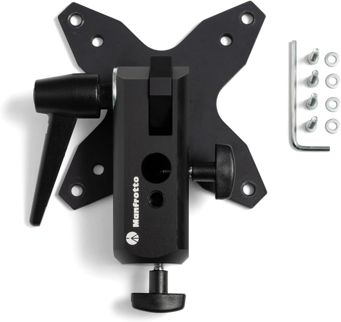 Manfrotto TetherGear VESA Monitor Mount, Screen Mount, TV Mount, Lighting Stand Attachment, Up to 30kg, 3/8” Threaded Hole, 16mm Fem., 75x75mm and a 100x100mm VESA Compatibility, MLTSA1001B