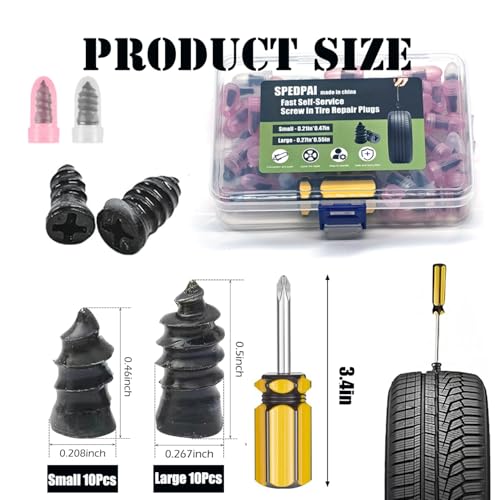 Image of Tire Repair Rubber Nails Kit with 2 Sizes,2026 New Vacuum Screw Type Tire Plug Fast Tool with Screwdriver,Self-Service Screw in Tire Plugs Repair Tools for Car,Motorcycle,Truck,Bikes(20Pcs)