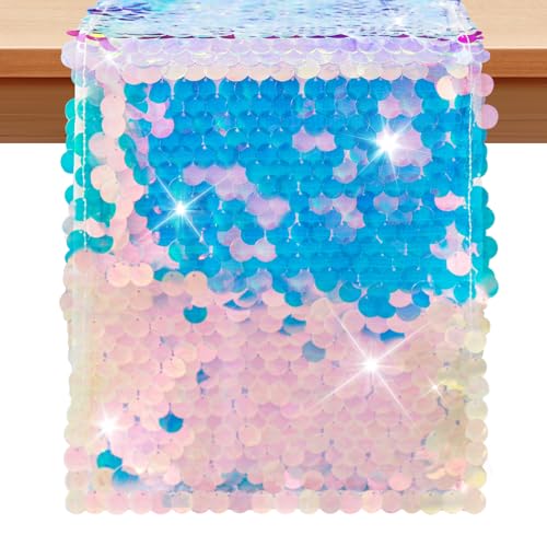 VHH Mermaid Party Table Runner, 12 x 84 inches Sequin Table Runners , Glitter Holographic Mermaid Tail Colorful Sequin Table Cover for Ocean Birthday Party (6 Pack).