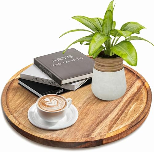 Image of WOOYNEX Round Wood Tray, Acacia Wooden Decorative Serving Tray for Coffee Table and Home Decor, Wooden Appetizer Charcuterie Board for Kitchen Countertop .(Natural)