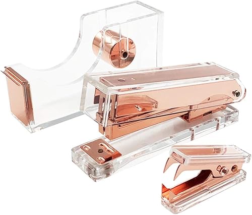 Juego de soporte dispensador de grapas acrílico transparente de color oro rosa para escritorio de oficina, kit de regalo de papelería manual
