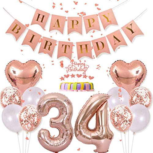 Conruich Kit de Décoration Anniversaire 34 Ans - Ballon Or Rose, Décoration Gâteau pour Femme et Homme