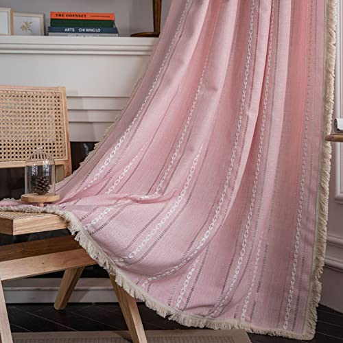FDY MY Pink Semi-Blackout Boho Curtains for Bedroom Living Room 102 Inches Long Farmhouse Cotton Linen Embroidery Window Curtain Panel Bohemian Tassel Curtain Drapes (52