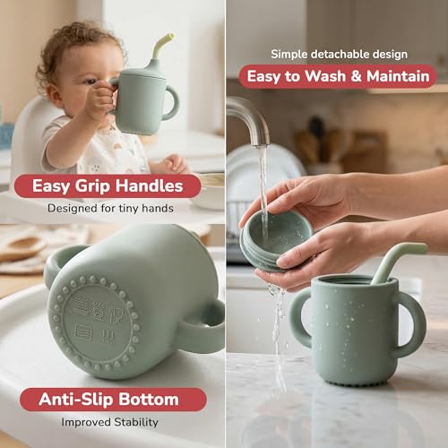 Image of BAYBEE Baby BPA-Free Silicone Sipper Cup for Kids Drinking Training Anti Spill Sippy Cup /Glass with Soft Silicone Straw & Lid for Baby, Non-Slip Twin Handles Spout Cup for Infants 6+ Months (Green)