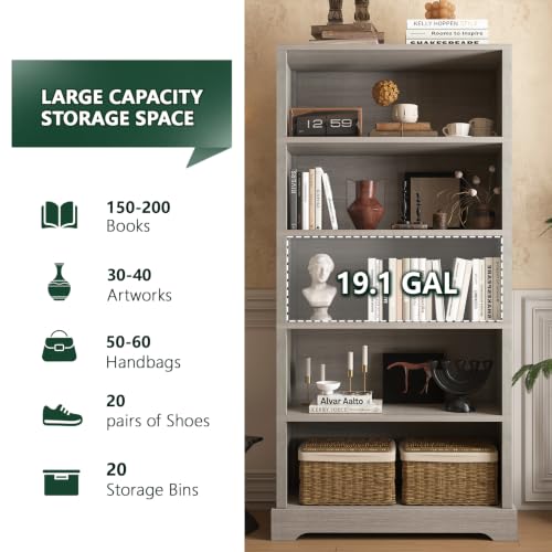 Image of TVU 5-Tier Wooden Bookshelf, 65 inch Tall Farmhouse Style Open Bookcase, 31.5 inch W Standing Book Shelf with Storage, Suitable for Study, Living Room, Office, Grey
