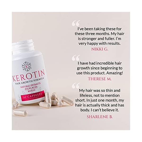 Kerotin Hair Growth Vitamins, Biotin Supplement, DHT Blocker, Collagen Stimulator, for Hair Loss Support, Nail & Skin Care, Includes Saw Palmetto, Vitamin D3 & More - 60 Pills (1 Month Supply)