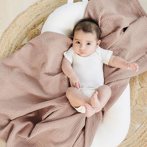 Image of Konssy Muslin Swaddle Blankets for Boys Girls, 2 Pack Receiving Baby Blanket Large 47 x 47 inches, Soft Breathable Swaddling Wrap for Unisex Newborn (Taupe,Butterfly Dreams)