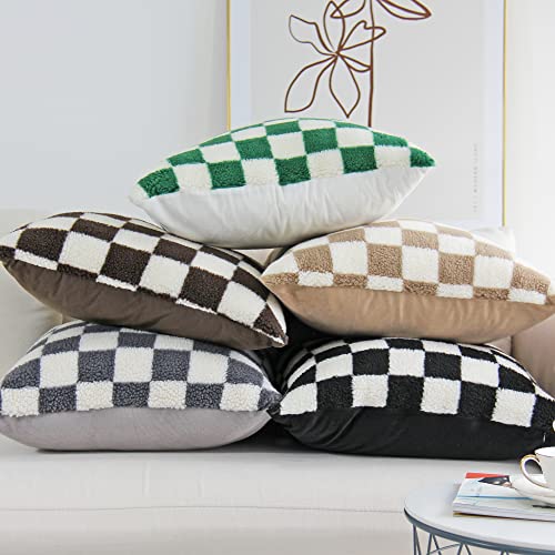 Jojusis Decorative Throw Pillow Covers Luxury Style Checkerboard Pattern Cushion Case Super Soft Faux Fur Wool Pillowcases For Couch Bedroom Pack Of 2 (Khaki, 18 X 18-Inch) #TOP6