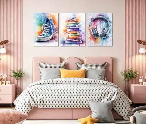 Image of Frimeeme 3Pcs Headphones Books Sneakers Print Poster, 12x16 inches