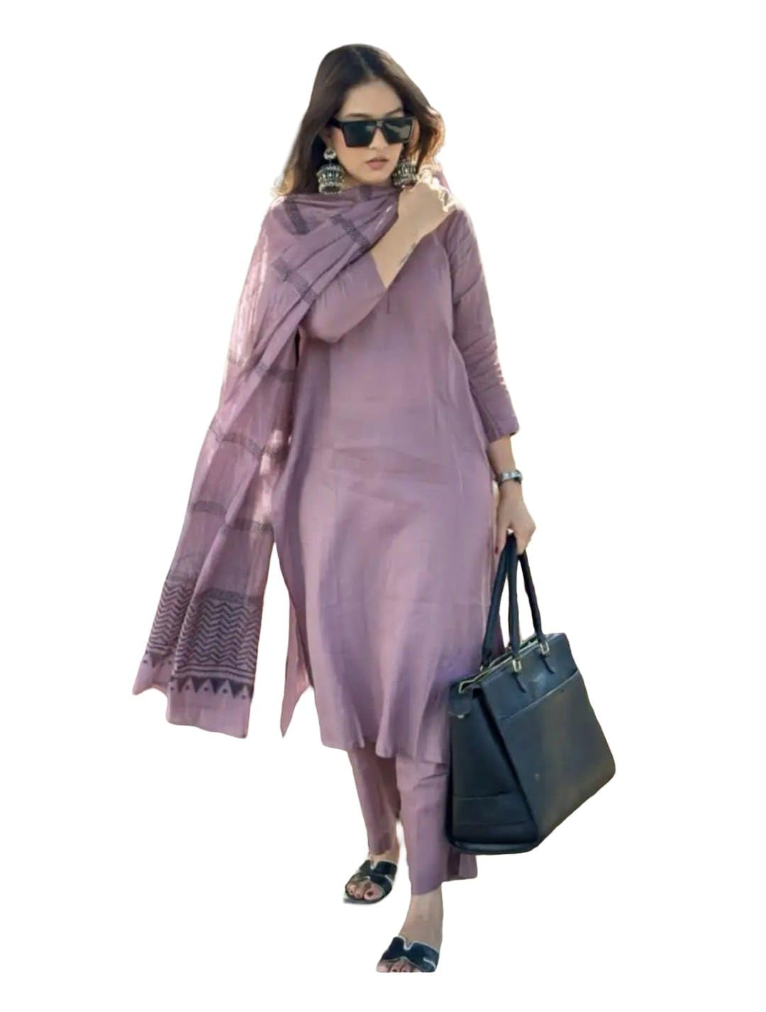 Purple Plain Straight Kurti with Pant & Dupatta