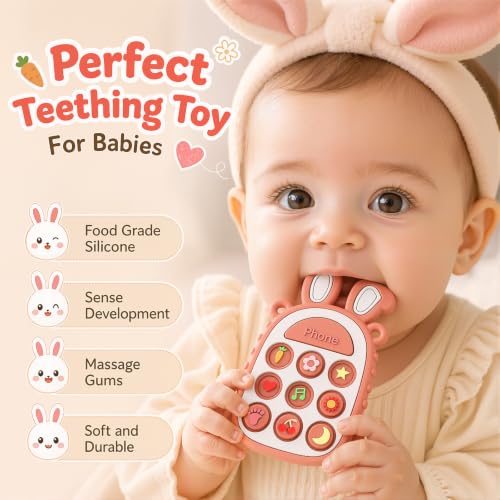 Image of Press Phone Teether for Baby Girls, Soft Silicone Teething Toy, Sensory Toy | Teething Relief, BPA-free, Freezer, for Baby 3 Months+, Cute Rabbit Design with Textures and 9 Patterns, Press & Pop for Fun!