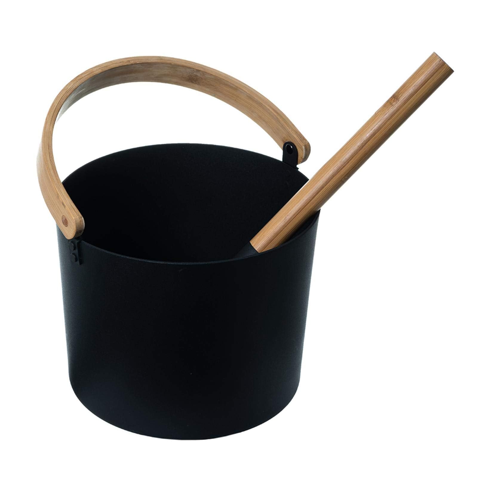 Seau de Sauna de en Aluminium avec Manche Long en Bois 7 l, Noir