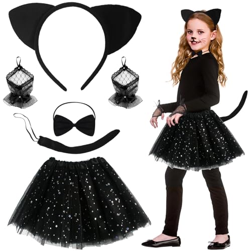 SHOWHEEL Katzenkostüm Kinder 6 Stück, Kostüm Katze Mädchen mit Katzenohren Stirnband, Katzenschwanz, Krawatte, Tierkostüm Kinder, Kätzchenkostüm Katzen Cosplay Set für Karneval Halloween Motto Party
