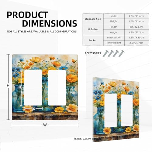 Decorative Outlet Covers Rustic Yellow Flowers Floral Blue Bottles 2 Gang Wall Plate Double Rocker Two Switch Wall Cover Plate Light Switch Cover Plate Faceplate for Country Bedroom Decor