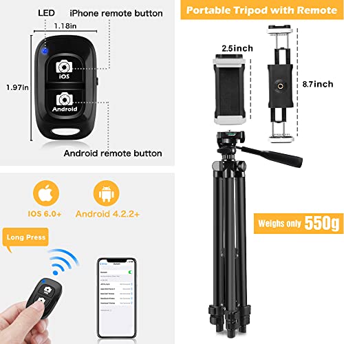 Image of Phone Tripod, 50 inch Extendable Adjustable Smartphone & Tablet Tripod Stand with Mount & Remote, Compatible with Tablet /Cell Phone /Camera (Black)