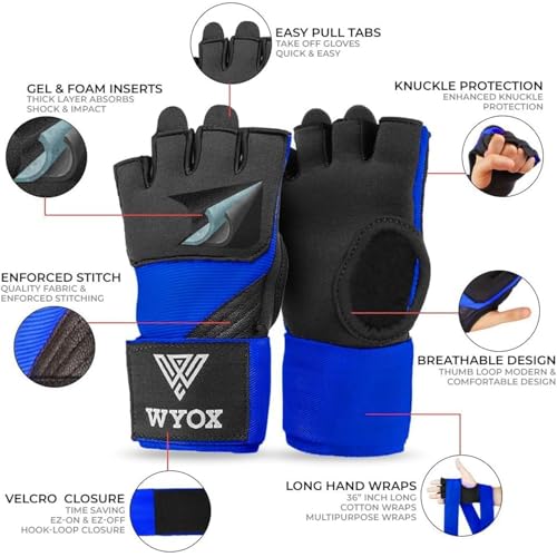 Image of WYOX Neoprene Gel Boxing Hand Wraps Inner Gloves for Men & Women - 80cm /31in Quick Wrist Strap, Padded Knuckle Protection, Fingerless MMA Muay Thai Kickboxing Wraps for Training & Martial Arts
