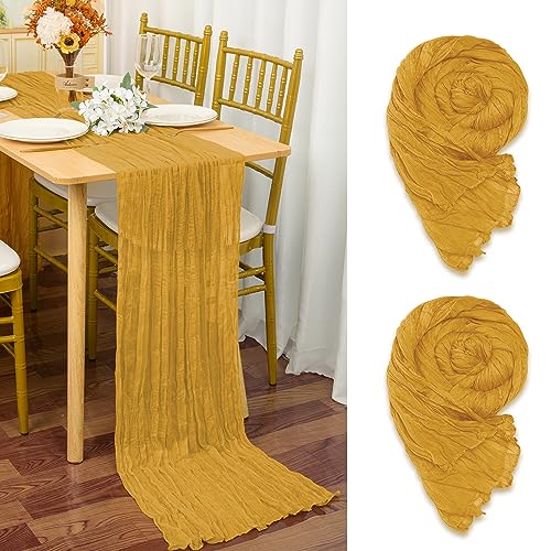 Lot de 2 Chemins de Table en étamine en Jaune Moutarde, 90 x 300cm en Tissu de Gaze Rustique, Jaune décoration de Table de Mariage Nappe pour fête de Mariage Douche...