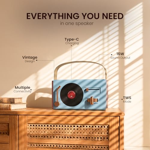 Image of Walta Elite Retro Pro Portable Bluetooth Speaker, 16W Vintage Style, TWS Mode, BT 5.4, USB /AUX /TF, Type-C Charging, 5Hrs Playtime, with Carry Strap