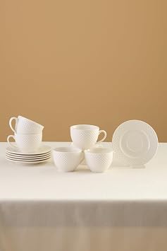 KARACA Nina Embossed 12-Piece Bone China Tea Cup and Saucer Set for 6 People 220ml White, Elegant Luxury Textured Coffee Teacups, Aesthetic Porcelain Cup Saucers Tableware Kit, Dishwasher Safe