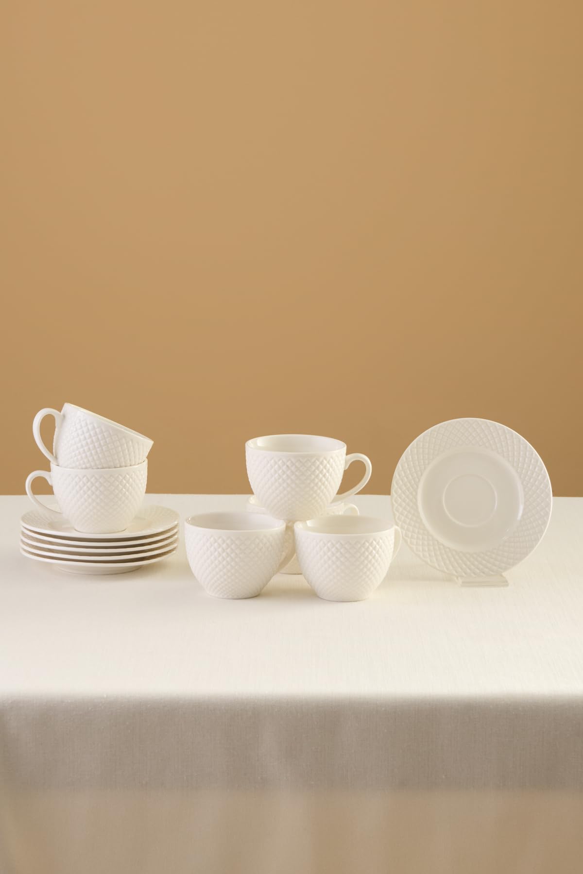 KARACA Nina Embossed 12-Piece Bone China Tea Cup and Saucer Set for 6 People 220ml White, Elegant Luxury Textured Coffee Teacups, Aesthetic Porcelain Cup Saucers Tableware Kit, Dishwasher Safe