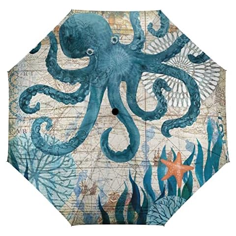Nautical Octopus Umbrella Marine Starfish Sea Shells Windproof Travel Umbrella Automatic Compact Folding Umbrellas for Sun Rain Auto Open Close UV Protection Umbrella Cover