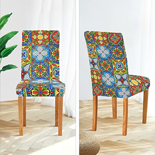 Mexican Talavera Tiles Dining Chair Covers Set Of 2 Washable Removable Chair Slipcover Stretch Dining Chair Seat Cover For Dining Room Party Living Room Wedding #TOP3