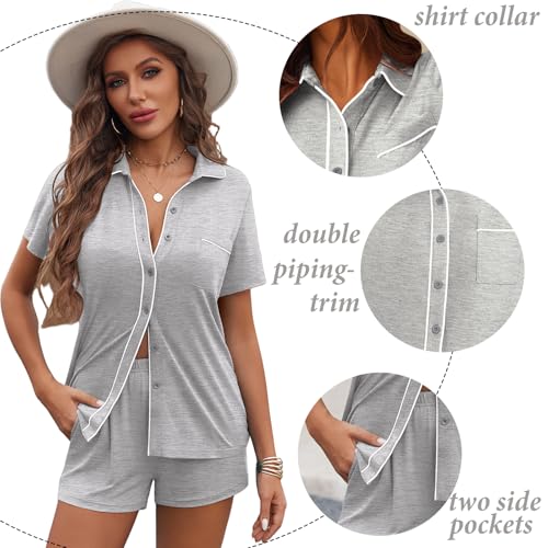 Image of Ekouaer Womens Pajama Sets Button Down Lounge Set 2 Piece Loungewear Soft Sleepwear Short Sleeve Pjs with Pockets