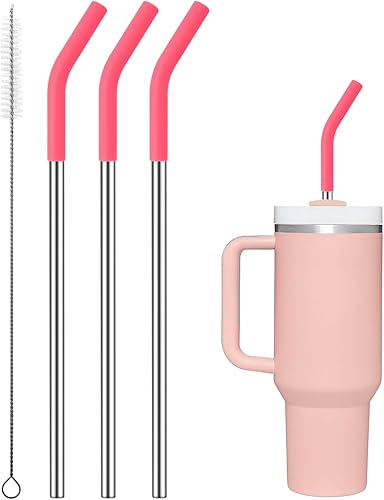 Paquete de 3 popotes de metal reutilizables con punta de silicona para vaso Stanley de 40 onzas, vaso de 0.315 in, 12.2 pulgadas, 40 onzas, popotes