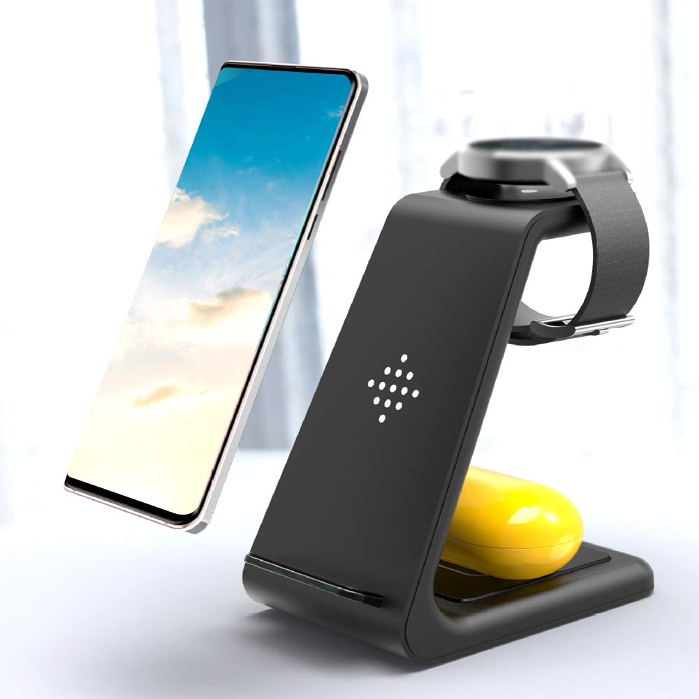 Caricatore senza fili, 3 in 1, stazione di ricarica wireless per Samsung S7/S7 Edge/S8/S9/S10/S10Plus, Galaxy Orologi e Buds, controllo della temperatura di ricarica veloce
