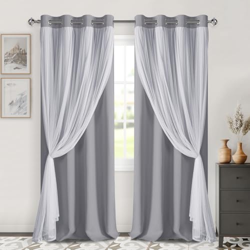 Image of DWCN Grey Blackout Curtains with Sheer Overlay with Tiebacks 108 Inch Long