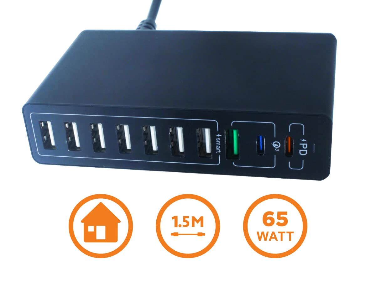 Stazione di Ricarica USB C 65W 10 Porte 1 USB C PD 1 USB C QC3.0 1 USB A QC3.0 7 USB Smart 2.4A