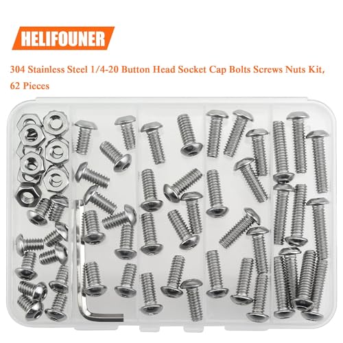 Image of HELIFOUNER 62 Pieces 1 /4-20 x 3 /8 inch 1 /2 inch 5 /8 inch 3 /4 inch 1 inch, Button Head Socket Cap Screws Bolts Nuts Kit, Coarse Thread, Fully Machine Threaded, 304 Stainless Steel