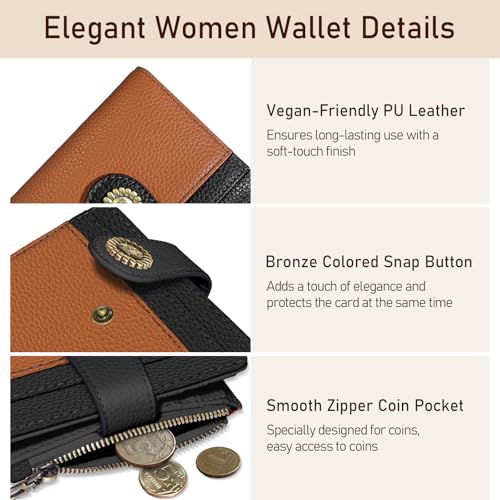 Image of Kelvoris Small Rfid Women Wallet Bifold Zipper Coin Pocket Brown and Black | PU Leather Compact Cash Credit Card Holder Travel Purse for Female Ladies Teen Girls 1 ID Window 10 Card Slots