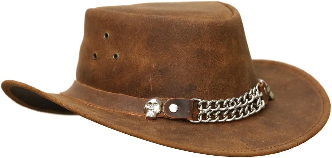 A&H Apparel Mens Cow Hide Leather Cowboy Western Skull Top Hat Handcrafted