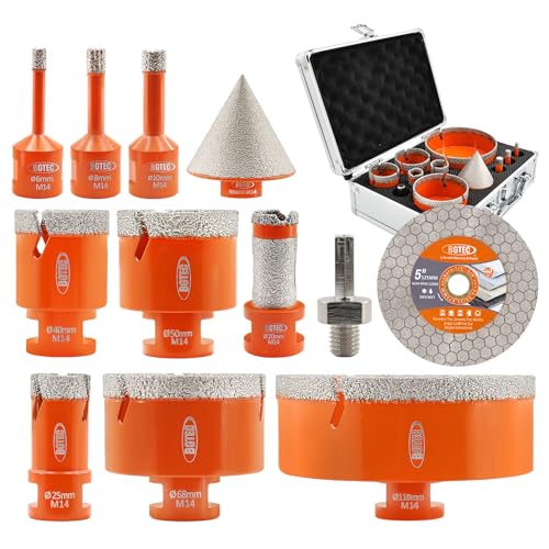 BGTEC Diamant Fliesenbohrer Set - 11 Stück (6/8/10/25/40/50/68/110MM+ 20mm Fingerbohrer + 35mm Fingerfräser) mit M14 Gewinde zum Bohren in Porzellan, Keramik, Fliesen, Granit, Marmor und Stein
