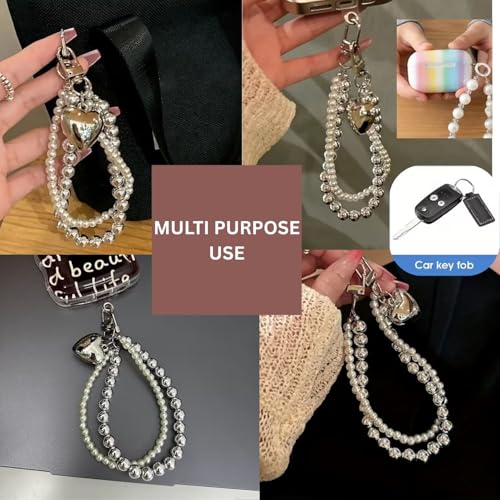 Image of Phone Charm with Beaded Chain | Acrylic Phone Strap for Mobile Keys & Bags | Decorative Wrist Strap | Lanyard Charms | Keychain Accessory for Women Girls (Silver-Heart)