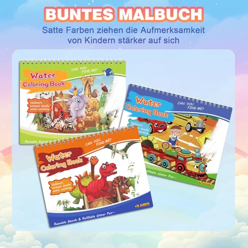 3 Wassermalbuch Set mit Malbuch und Stift, Wiederverwendbares Wasser Bilderbuch, Magisches Wasser Magic Kinder Bilderbuch, Malbuch Mit Stift, Geeignet für Kinder im Alter von 1-6 Jahren