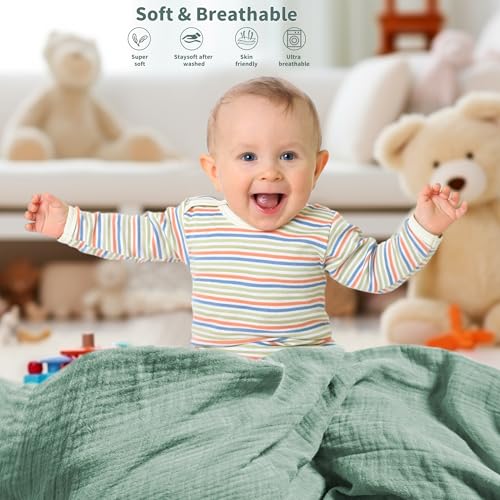 Image of Muslin Swaddle Blankets for Newborn, 2 Pack Breathable Soft Receiving Blanket, Large 41 x 41 inches Swaddle Wrap Burping Clothes, Essentials Infant Shower Items. (Beige & Green)