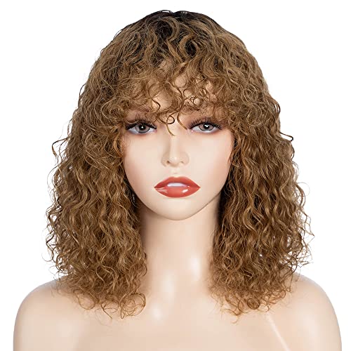 Fashion Idol Short Curly Human-Hair Wigs with Bangs 12 Inch Jerry Curl Bob Wigs Human Hair Brazilian Virgin Human Hair None Lace Front Wigs for Black Women Machine Made Ombre Gold Wigs