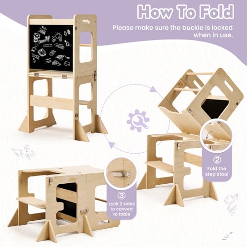 Image of labebe Toddler Standing Tower for 12M+, Montessori Foldable Learning Standing Tower with Blackboard, Anti-tip Structure Design,Wooden Kitchen Step Helper Stool for 1-3 Year Old Boy Girl Gift