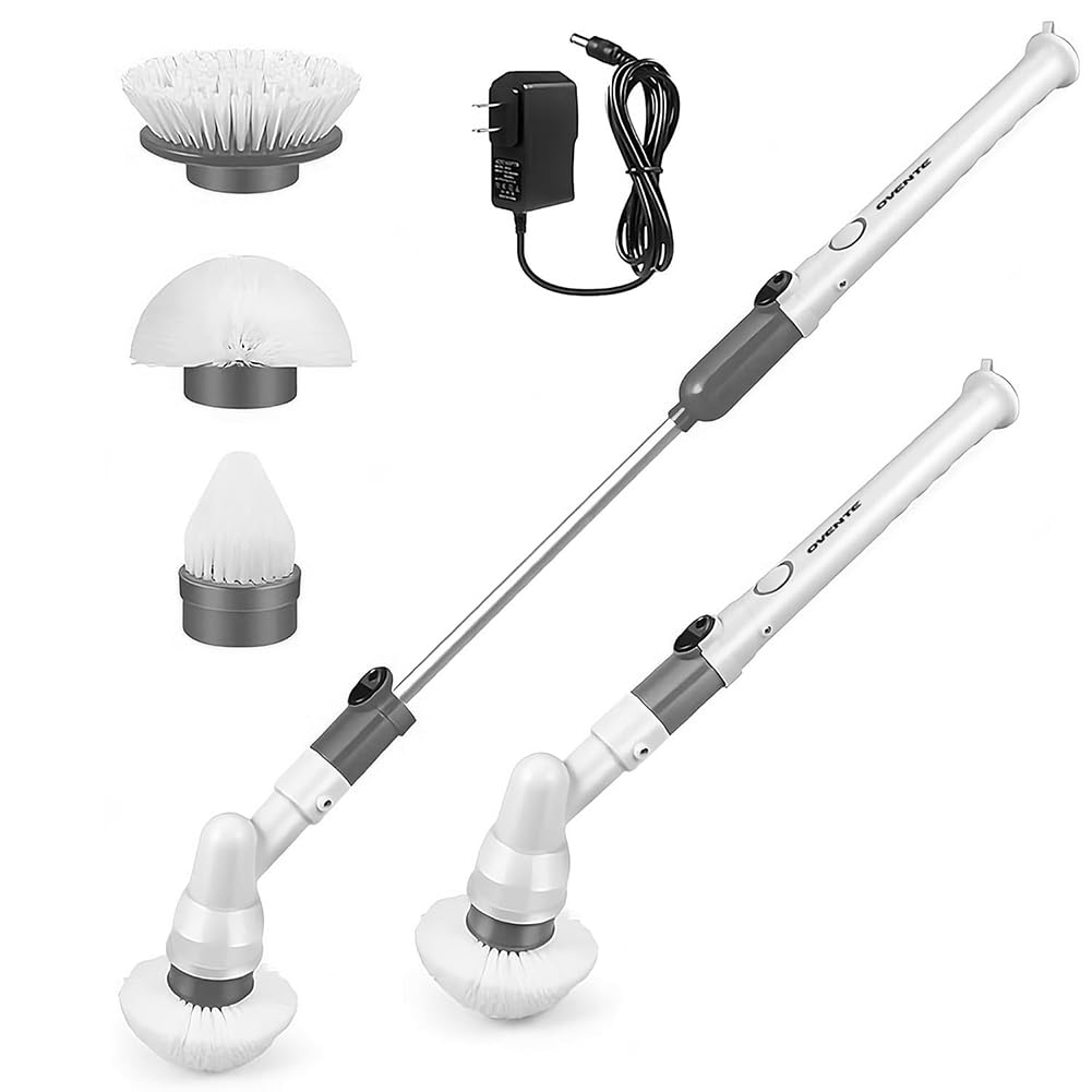 OVENTE Electric Spin Scrubber Cordless Power Scrubber with 3 Brush Head Adjustable Extension Handle Waterproof Perfect for Cleaning