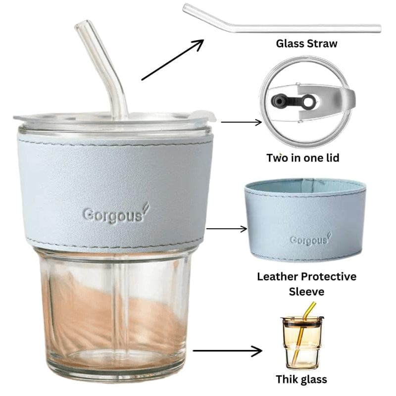 Image of Gorgeous Glass Coffee Mug with Straw and Lid, 450 ml - (Blue)